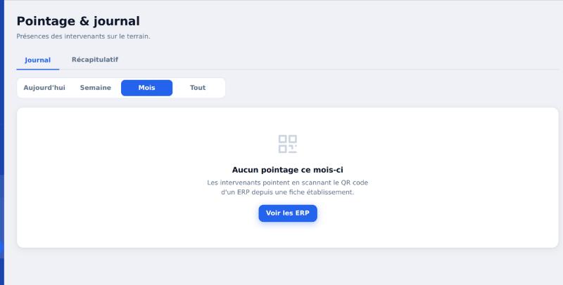 Journal de pointage des intervenants en ERP, avec enregistrement des passages par QR code