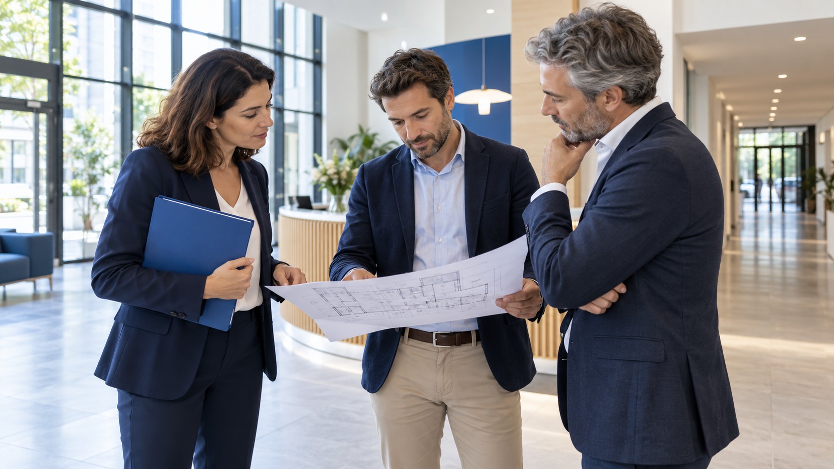 Professionnels étudiant les plans d’un ERP
